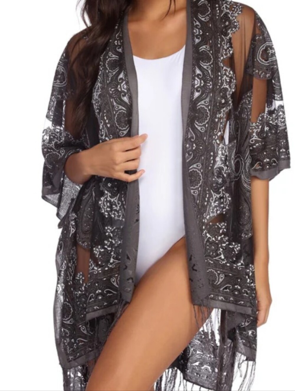Sheer Black Paisley Fringe Swim Kimono Cover-Up